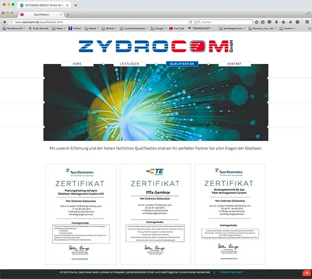 Homepage für die Firma Zydrocom GmbH